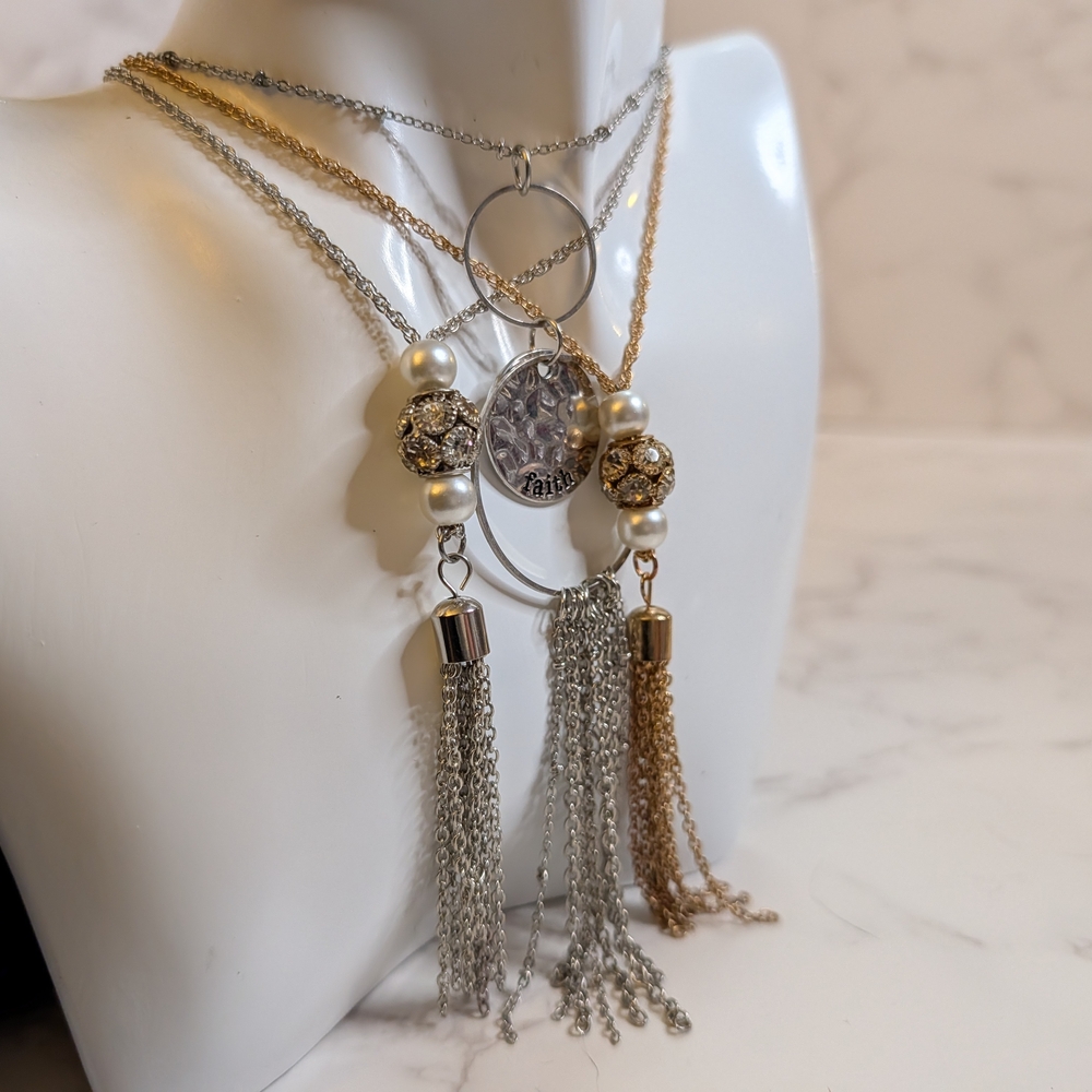 Collection Of Pearl & Tassel Multi-Chain Necklaces - Gold & Silver Tone